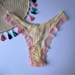 Victoria's Secret Tease Mesh Lace-Trim High-Leg Thong Panty Yellow/ Pink L NEW